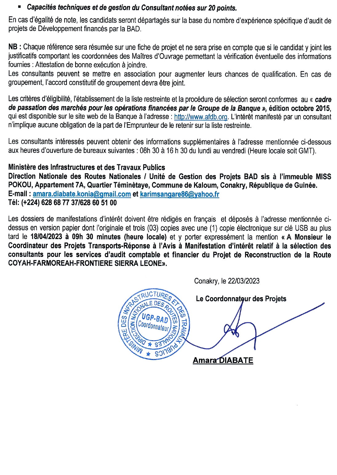 AVIS À MANIFESTATION D’INTÉRÊT pour la Sélection des consultants pour les services d’audit comptable et financier des exercices 2022, 2023, 2024 et l’audit de clôture du Projet de Reconstruction de la Route COYAH-FARMOREAH-FRONTIERE SIERRA LEONE | p 2